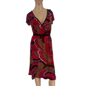 Volume One Red Brown Psychedelic Floral V-Neck Faux Wrap Dress Size M Y2K Retro